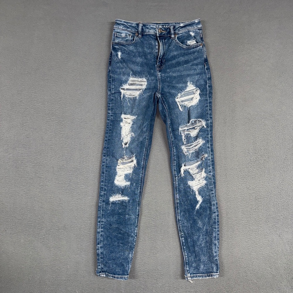 American Eagle Jeans Womens 0 Blue Mom Jean Distressed Ripped Stretch Denim